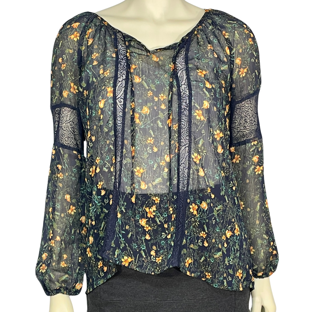 3-FOR-$30 Princess Vera Wang Sz L Sheer Blouse V-Neck Tassels Navy Blue Floral